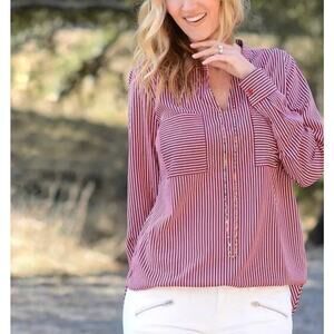 Cabi Women Stripes Blouse Small Red Blue White Long Sleeve Resortwear Valentines